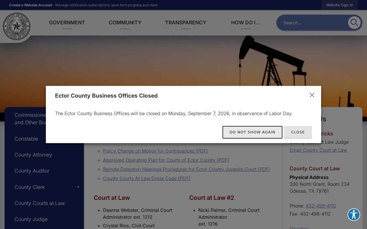Ector County court schedule source for County Courts at Law